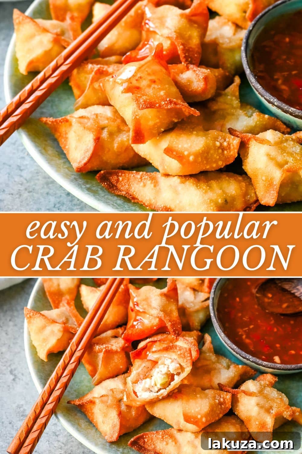 A beautifully presented stack of homemade Crab Rangoon, also known as crab wontons, ideal for appetizers at any event.