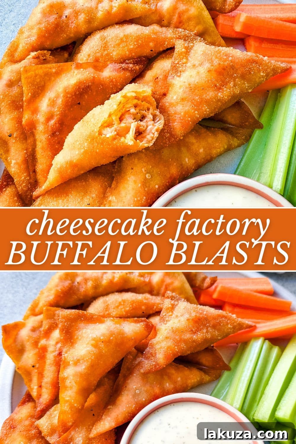 The Cheesecake Factory Signature Buffalo Blasts 8 Buffalo Blasts are a crispy, spicy, and flavorful appetizer that combines tangy buffalo chicken and cheese in golden fried pockets. These bite-size appetizers made with a blend of melted cheese, tender chicken, and zesty buffalo sauce, are wrapped in wonton wrappers and fried to golden perfection. These popular Cheesecake Factory Buffalo Blasts are a super popular appetizer.
