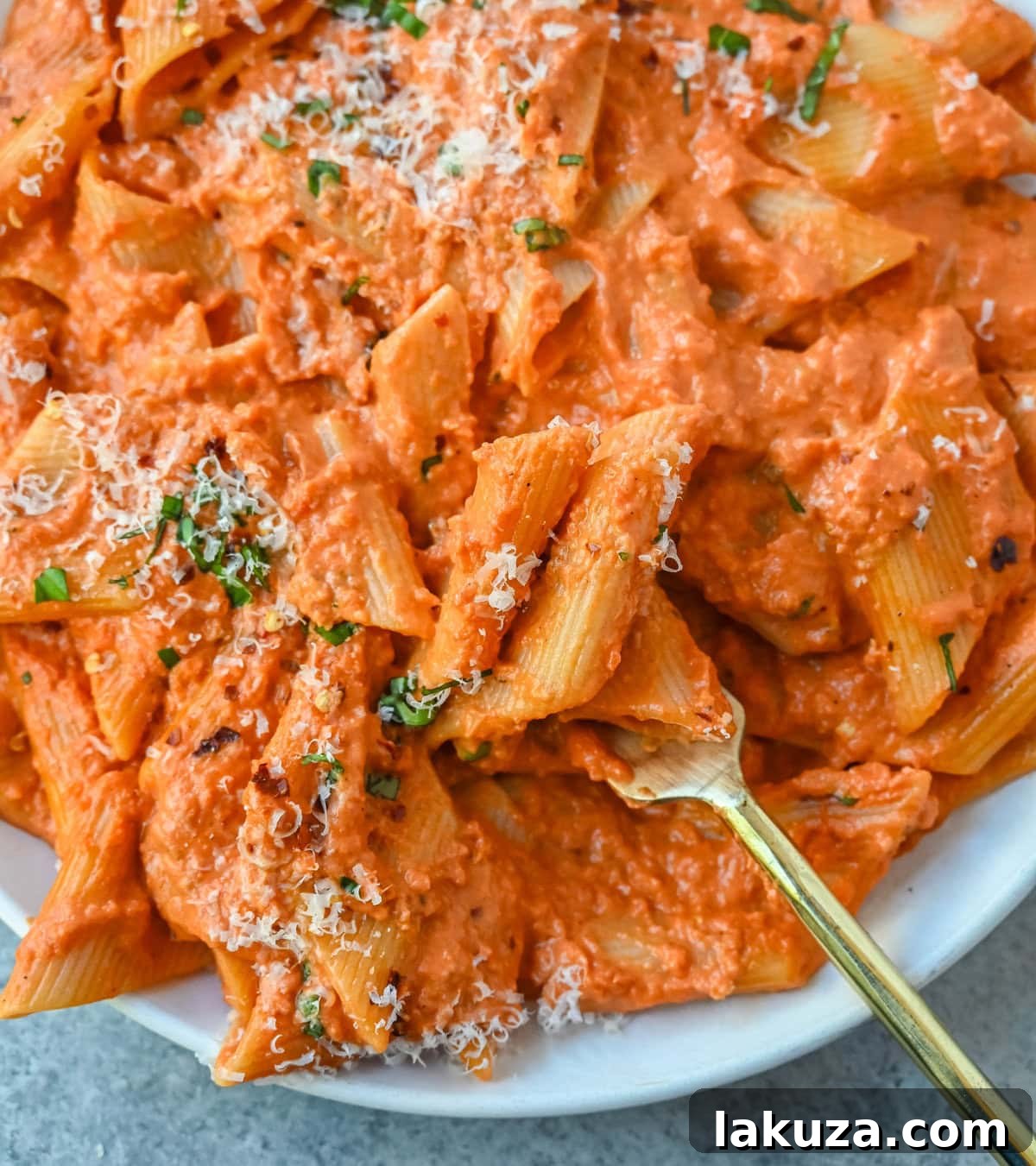 A vibrant, creamy Penne alla Vodka served in a rustic bowl, garnished with fresh basil and a sprinkle of Parmesan cheese, highlighting its irresistible texture.