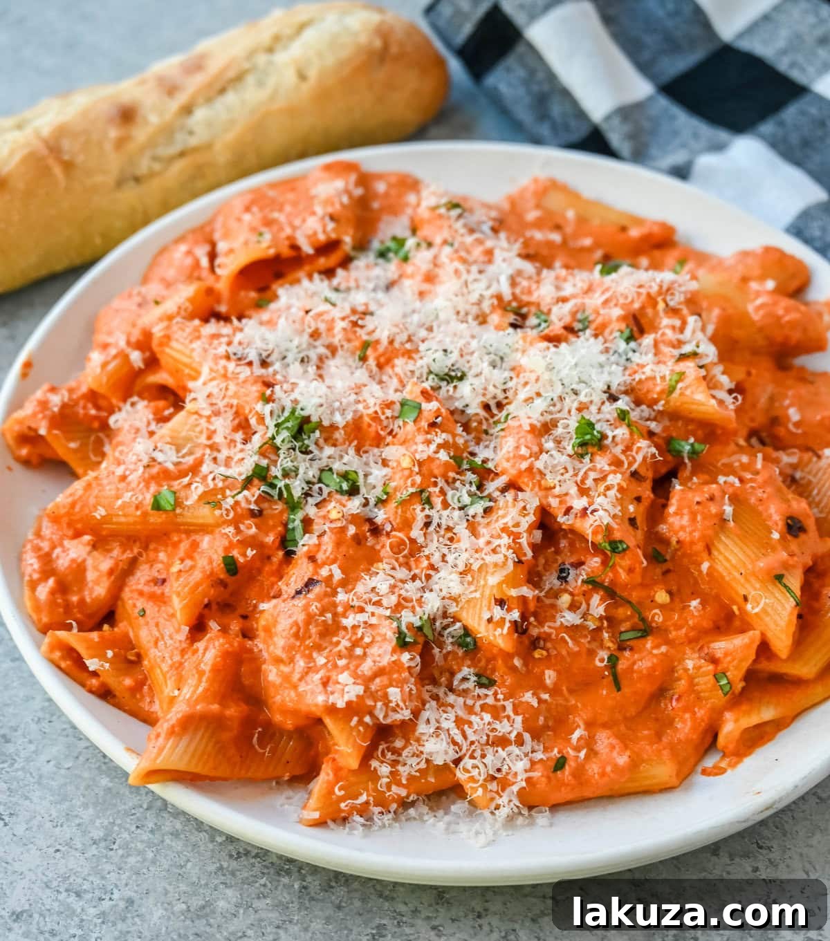Essential ingredients for Penne alla Vodka artfully arranged: fresh penne pasta, juicy San Marzano tomatoes, heavy cream, pungent garlic, and vibrant basil leaves, ready for preparation.