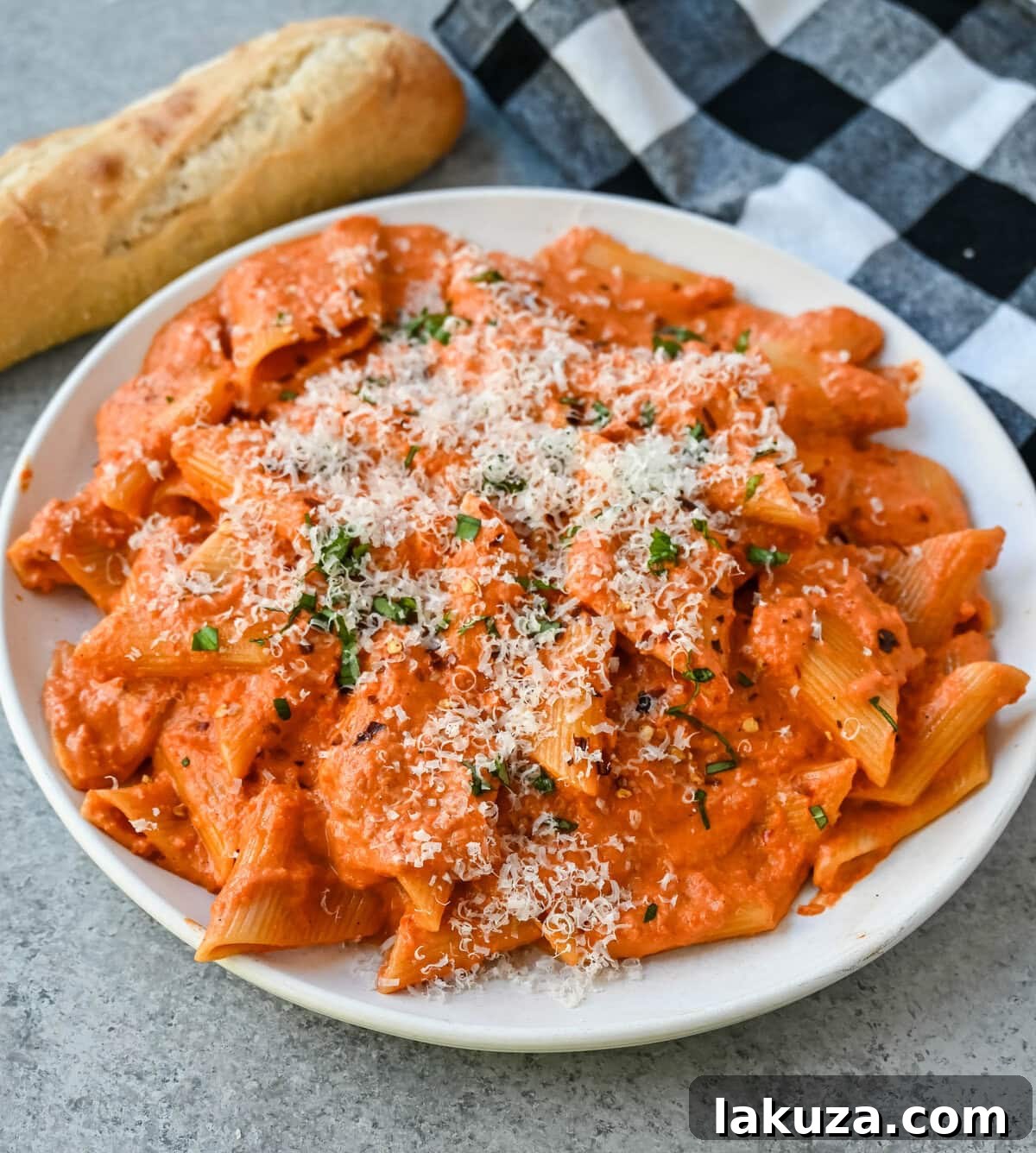 A close-up of the delightful texture of Penne alla Vodka, showing the perfectly coated penne pasta with creamy sauce and fresh basil, inviting a taste.
