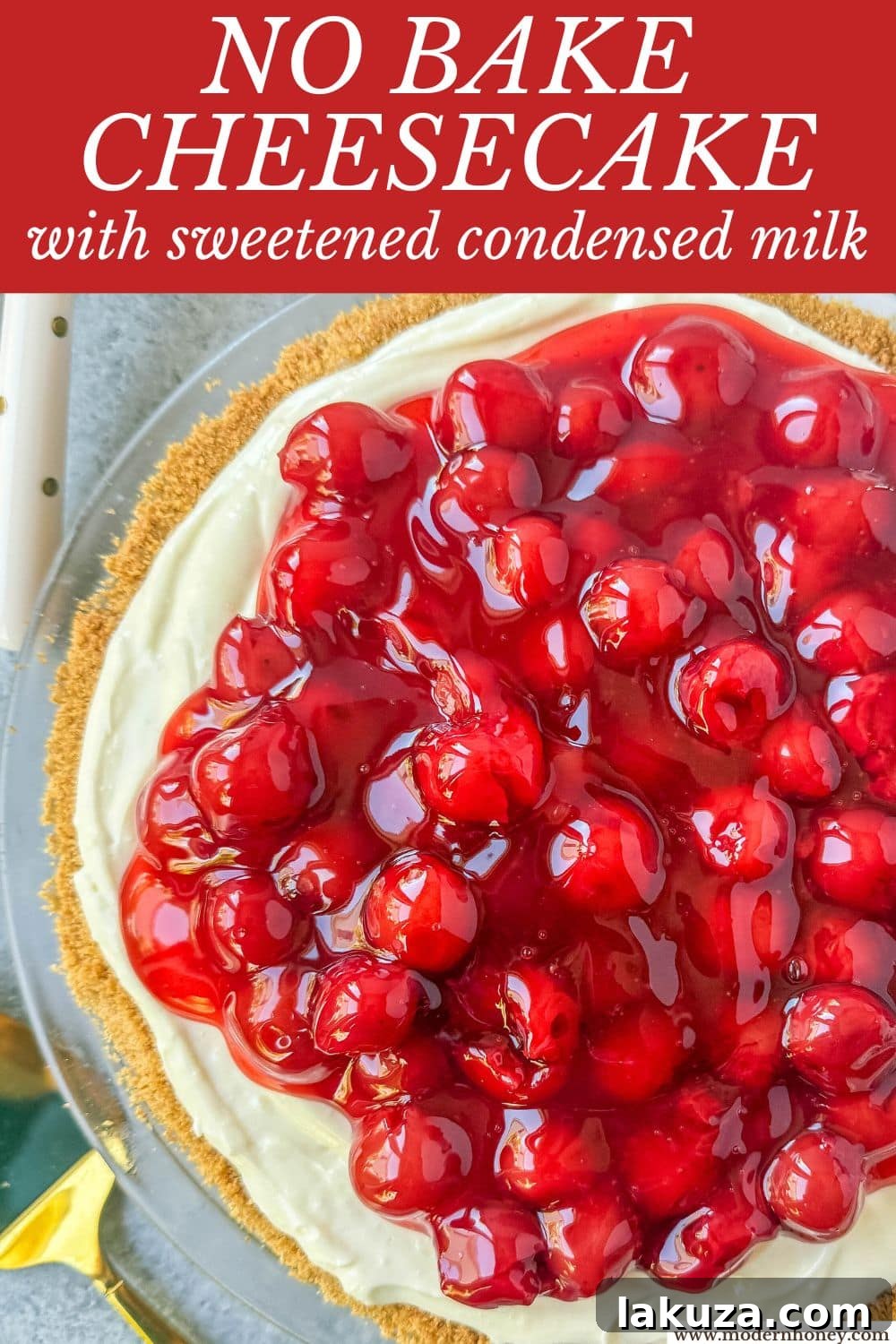 Dreamy No-Bake Cheesecake with Sweetened Condensed Milk 7 Two slices of No-Bake Cheesecake with cherry topping on a white plate, ready to be enjoyed.