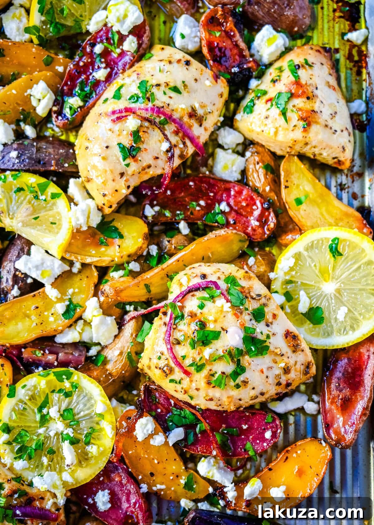One-Pan Greek Chicken and Lemon Potatoes 2 This Sheet Pan Greek Chicken and Potatoes are a perfect combination of juicy, marinated, golden-brown Greek chicken, tender potatoes, and a punch of fresh citrus and herbs in every bite. It’s a perfect weeknight dinner that requires only one pan and a little bit of prep time.