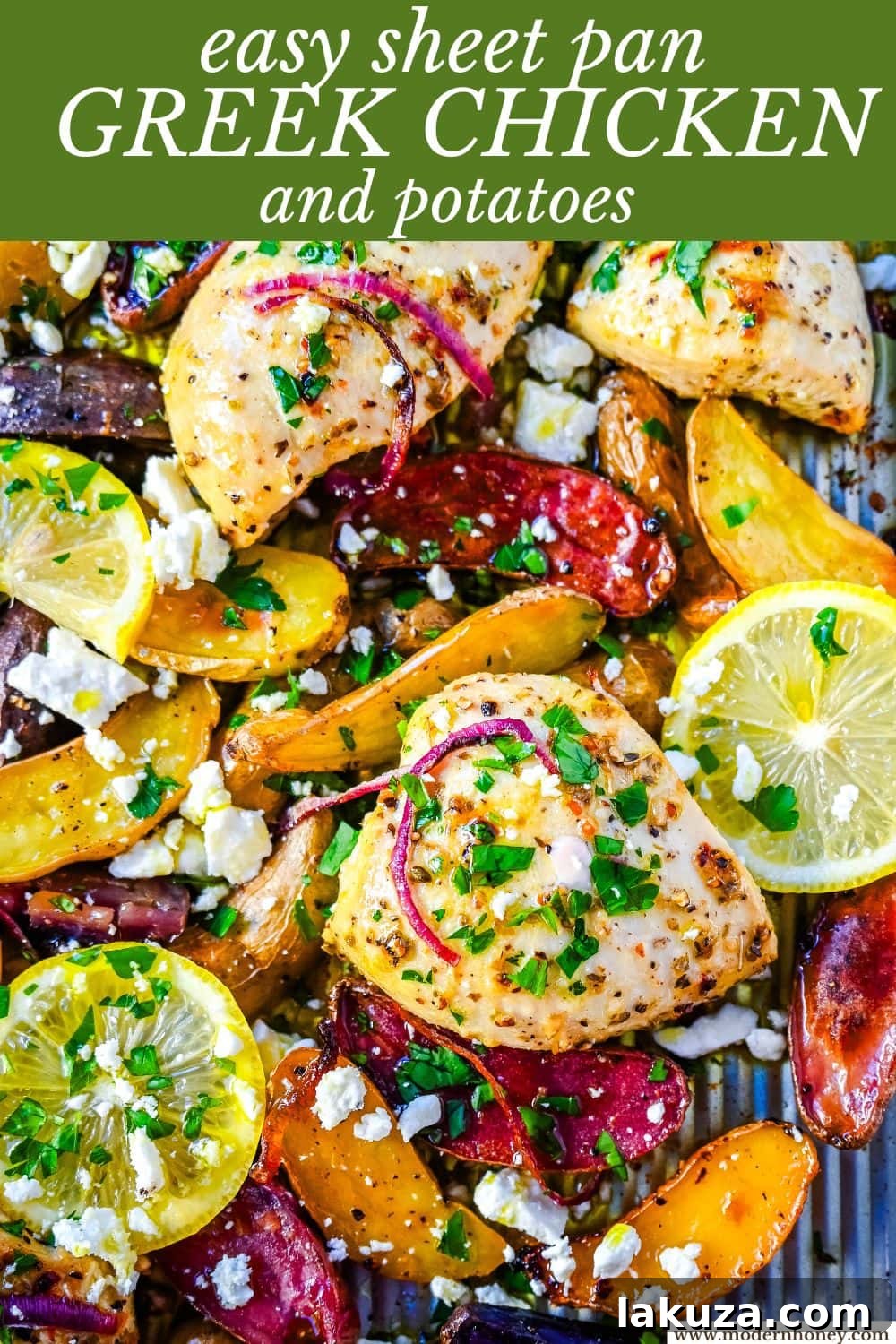 One-Pan Greek Chicken and Lemon Potatoes 7 This Sheet Pan Greek Chicken and Potatoes are a perfect combination of juicy, marinated, golden-brown Greek chicken, tender potatoes, and a punch of fresh citrus and herbs in every bite. It’s a perfect weeknight dinner that requires only one pan and a little bit of prep time.