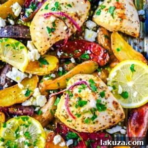 One-Pan Greek Chicken and Lemon Potatoes 8 This Sheet Pan Greek Chicken and Potatoes are a perfect combination of juicy, marinated, golden-brown Greek chicken, tender potatoes, and a punch of fresh citrus and herbs in every bite. It’s a perfect weeknight dinner that requires only one pan and a little bit of prep time.