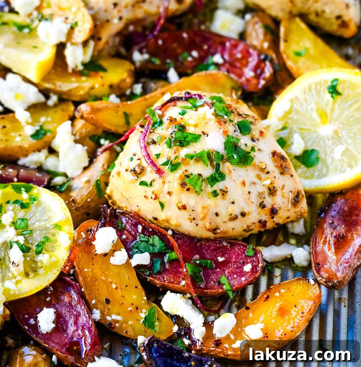 One-Pan Greek Chicken and Lemon Potatoes 3 This Sheet Pan Greek Chicken and Potatoes are a perfect combination of juicy, marinated, golden-brown Greek chicken, tender potatoes, and a punch of fresh citrus and herbs in every bite. It’s a perfect weeknight dinner that requires only one pan and a little bit of prep time.