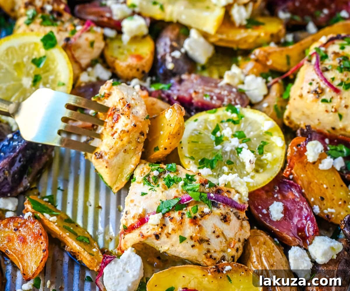 One-Pan Greek Chicken and Lemon Potatoes 4 This Sheet Pan Greek Chicken and Potatoes are a perfect combination of juicy, marinated, golden-brown Greek chicken, tender potatoes, and a punch of fresh citrus and herbs in every bite. It’s a perfect weeknight dinner that requires only one pan and a little bit of prep time.