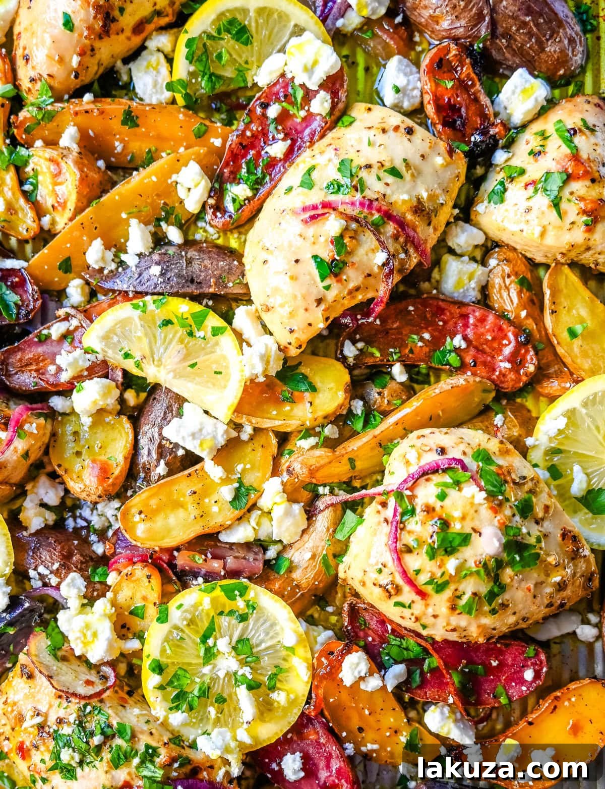 One-Pan Greek Chicken and Lemon Potatoes 5 This Sheet Pan Greek Chicken and Potatoes are a perfect combination of juicy, marinated, golden-brown Greek chicken, tender potatoes, and a punch of fresh citrus and herbs in every bite. It’s a perfect weeknight dinner that requires only one pan and a little bit of prep time.