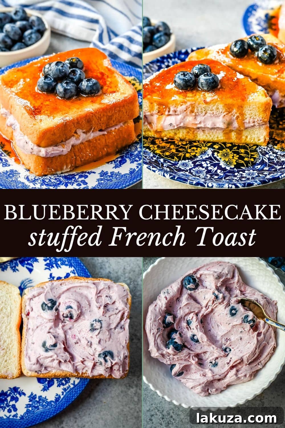 Decadent Blueberry Cheesecake French Toast 9 Final presentation of Blueberry Cheesecake Stuffed French Toast, drizzled with syrup and topped with fresh blueberries.