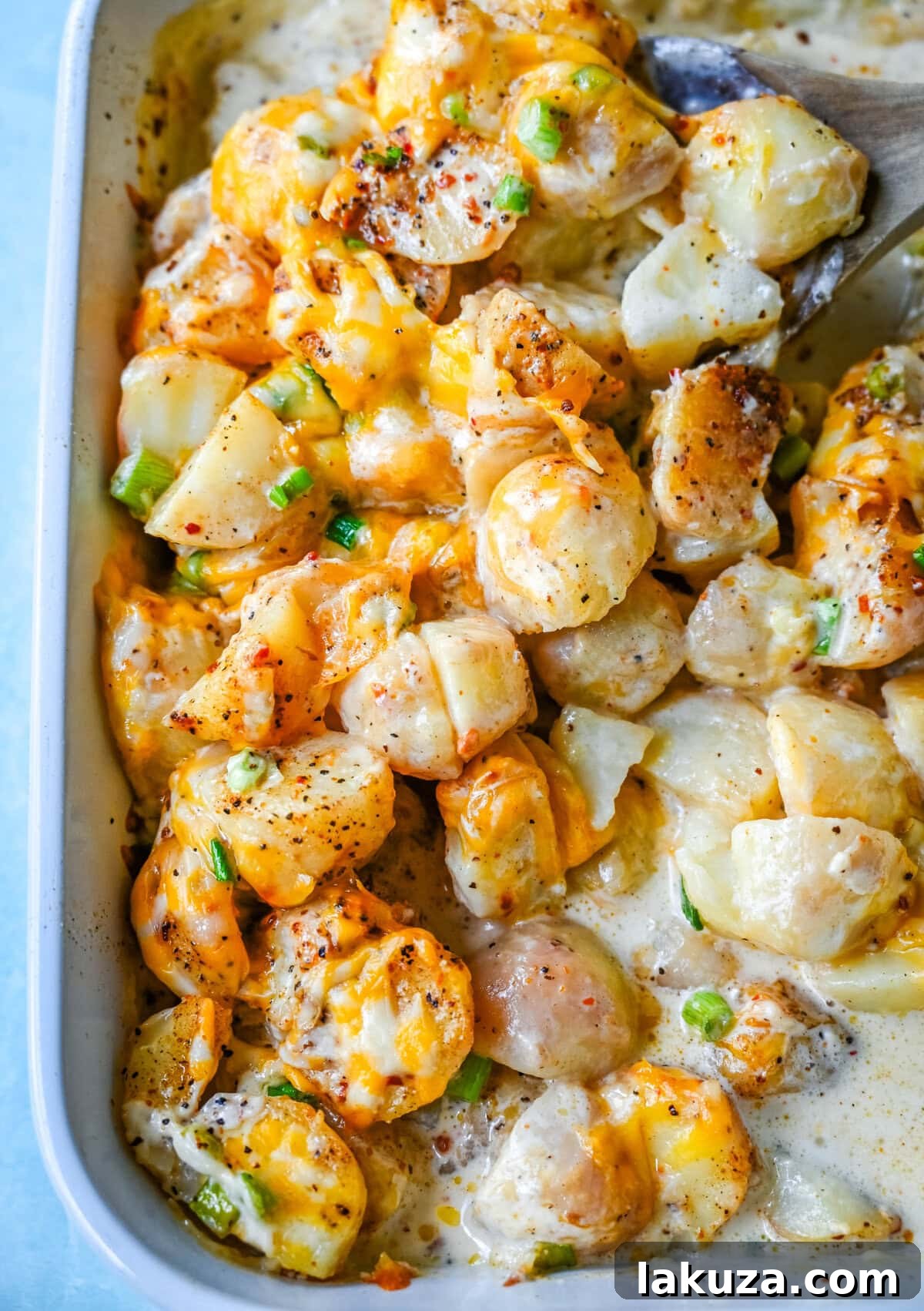 Kerrys Legendary Potatoes 4 A top-down view of Kerry's Special Creamy Potatoes, showcasing the golden-brown crust, melted cheese, and fresh green onions, inviting you to take a spoonful.