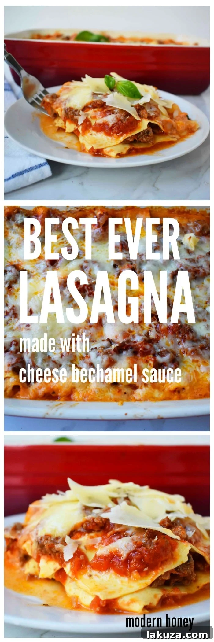 A large, inviting slice of Italian Bolognese Lasagna, showing the delicious layers, perfectly baked and ready to be eaten.