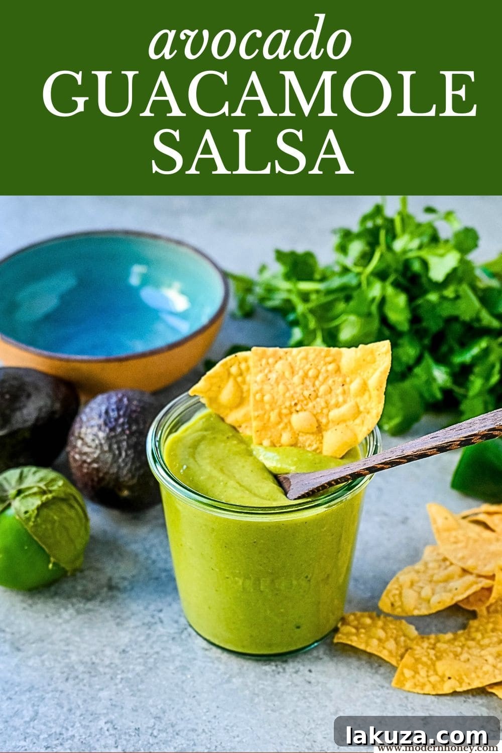 Overhead view of a bowl of creamy avocado salsa, also known as guacamole salsa.