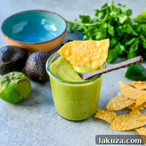 Creamy avocado salsa, a perfect blend of tangy salsa verde and smooth guacamole.