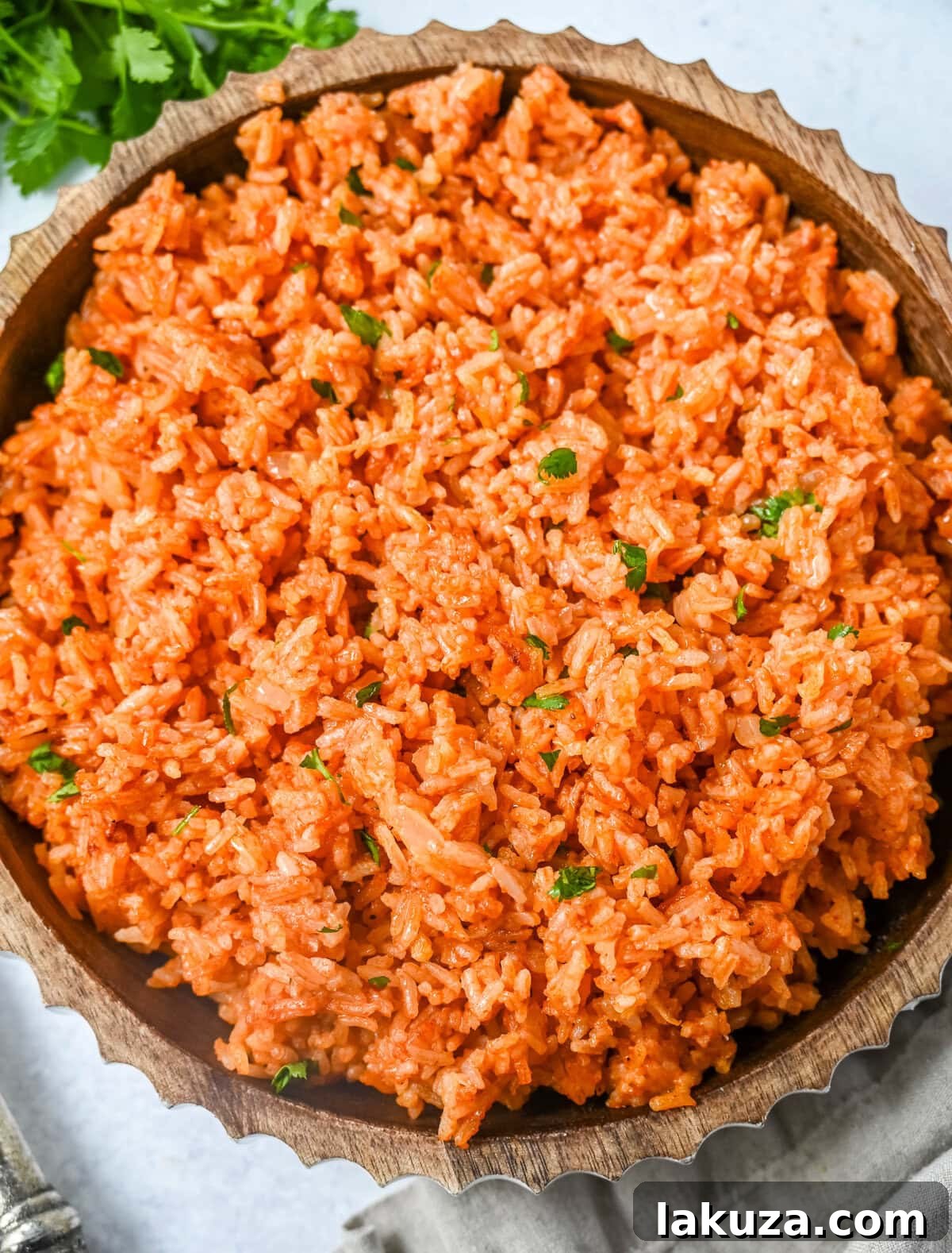 A bowl of freshly cooked Spanish Rice, glistening with tomato sauce and spices, ready to be served with other Mexican dishes.