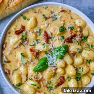 This easy Marry Me Gnocchi is made with pilowy gnocchi in a creamy sundried tomato cream sauce topped with fresh parmesan cheese and basil. Whip up this creamy Tuscan gnocchi with sun-dried tomatoes in one pan! Quick, easy, and bursting with flavor -- perfect for cozy dinners.