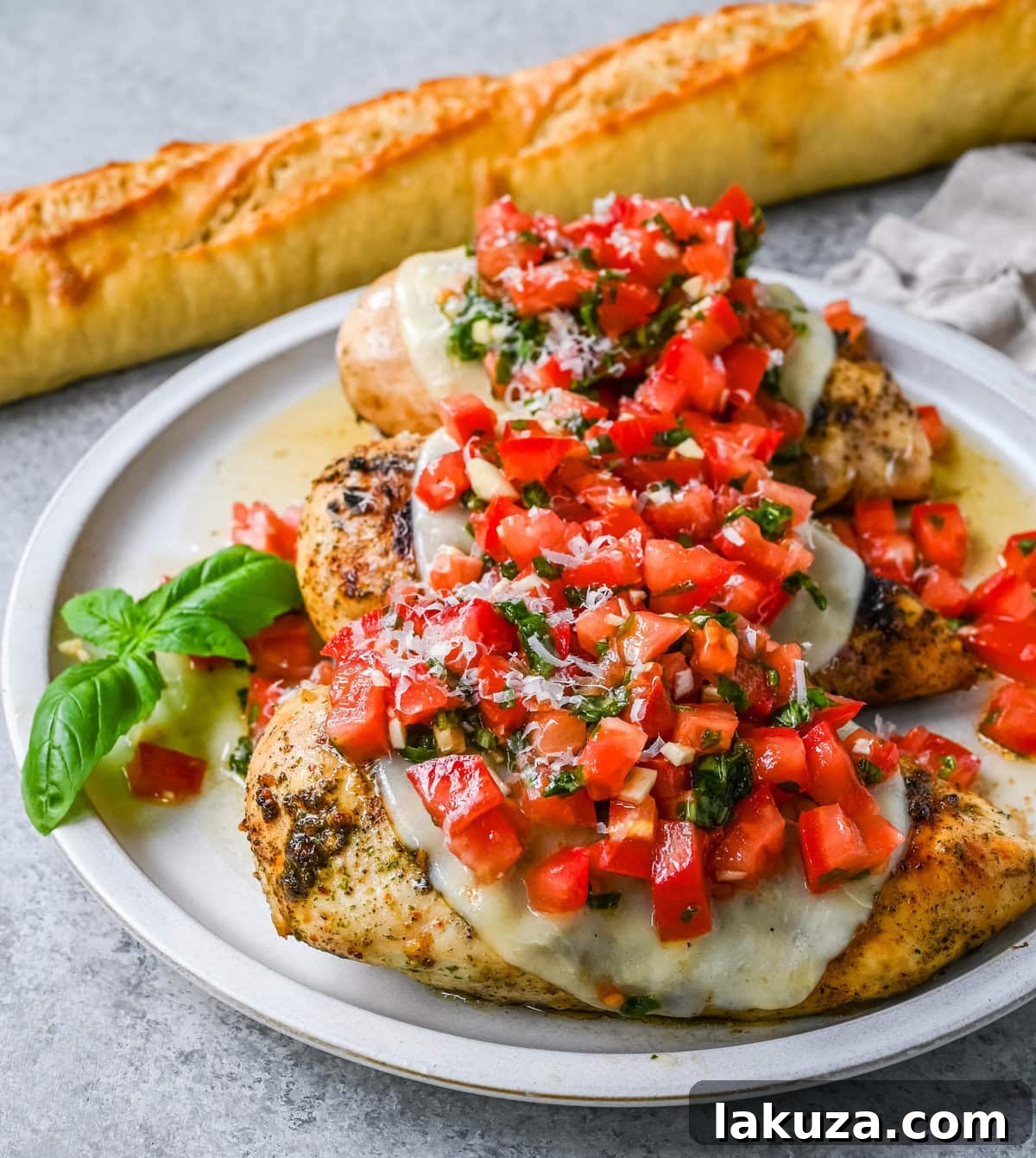 Fresh Bruschetta Chicken 6 A vibrant plate of Bruschetta Grilled Chicken, featuring a thick layer of tomato bruschetta and melted cheese, ready to be enjoyed.
