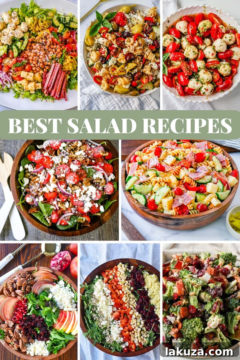 A vibrant selection of easy and healthy homemade salad recipes, including a colorful pasta salad, fresh green salads, refreshing fruit salads, and hearty summer salads, perfect for any occasion and showcasing the best salad recipes.