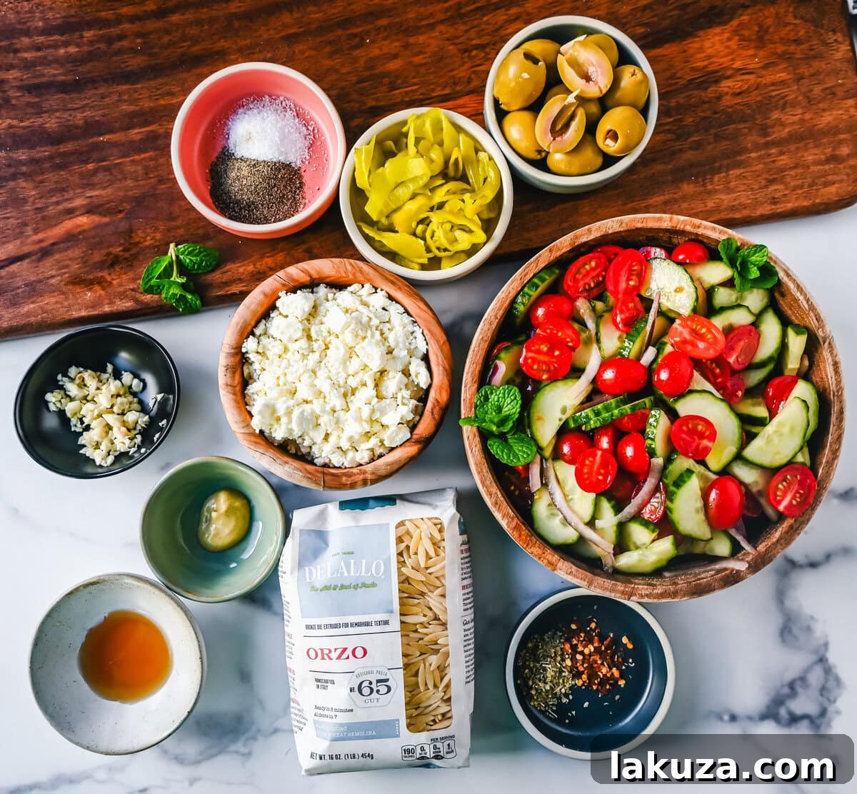 Ingredients for Mediterranean Orzo Salad or Greek Orzo Pasta Salad Ingredients.