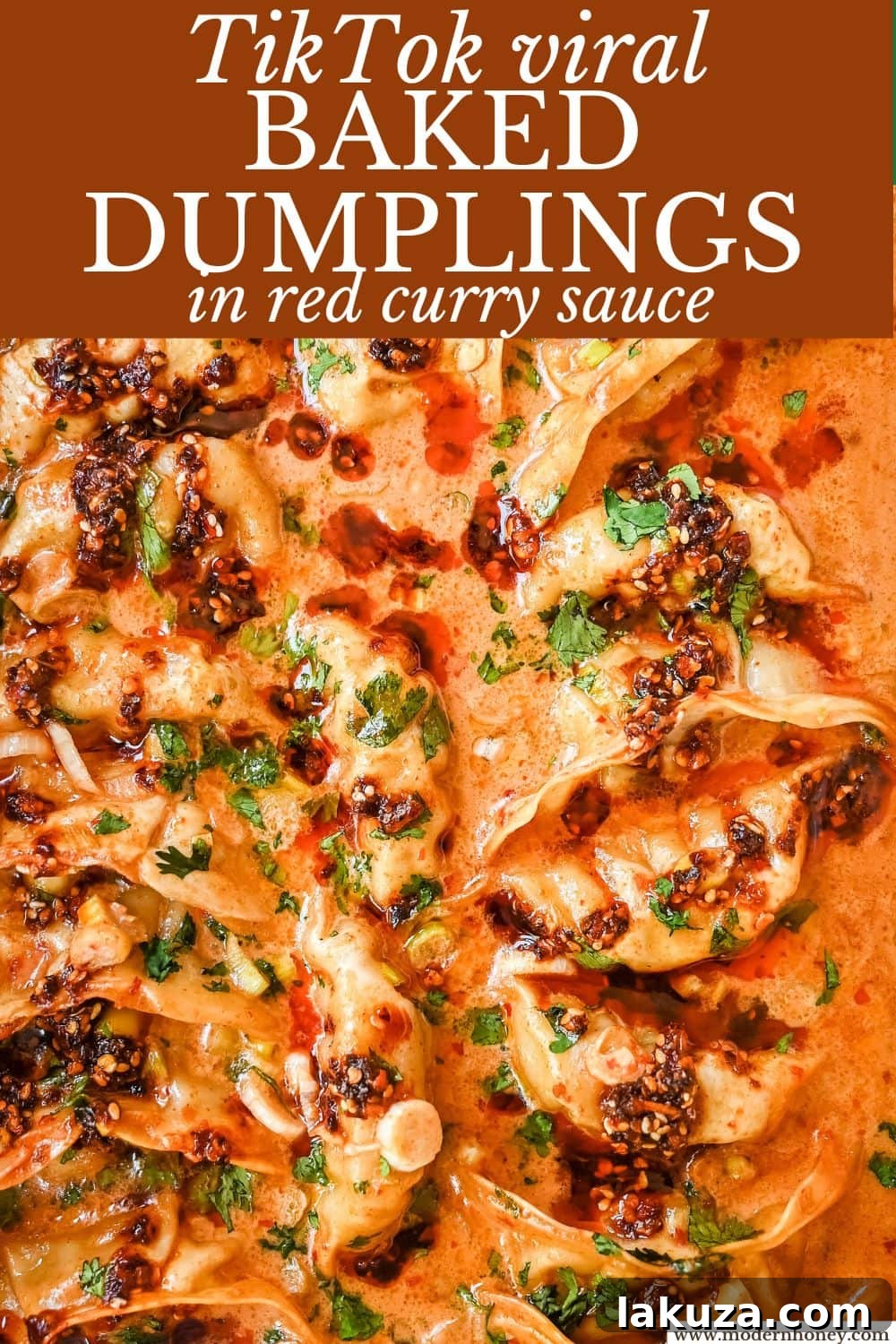 Golden Baked Dumplings 7 These viral baked dumplings from TikTok are the ultimate easy dinner hack! Crispy dumplings are baked in a creamy coconut curry sauce and topped with cilantro, chili crunch oil, and sesame seeds for the perfect mix of flavor and texture. This is an easy sheet pan dinner recipe!