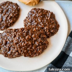 Fudgy, chewy chocolate peanut butter no-bake cookies with oats.
