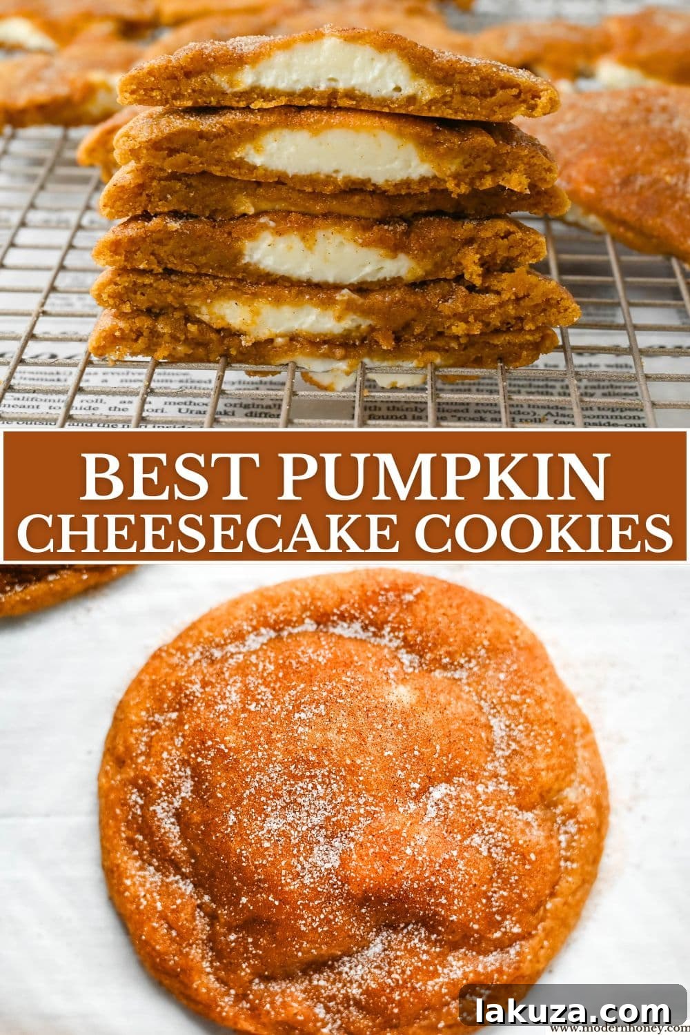 Finished pumpkin cheesecake cookies arranged on a platter, ready to serve.