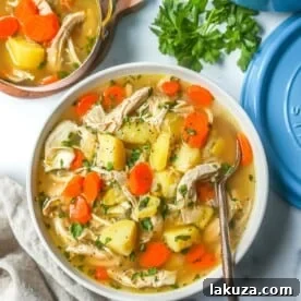 This Homemade Chicken Soup is made with tender chicken, carrots, onion, potatoes, fresh herbs, and seasonings all in a warm chicken broth. This is the perfect chicken soup on a cold winter's day. 