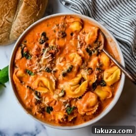 Creamy Sausage Tortellini Soup. An easy 6-ingredient Sausage Tortellini Soup is a family favorite. This popular soup recipe can be made on the stovetop or in a slow cooker. Rich, creamy, flavorful soup that everyone raves about!