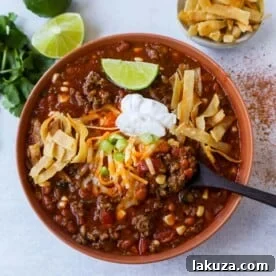 Quick and Easy 30-minute Taco Soup Recipe has all of the flavors of tacos made into a soup! 