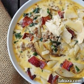 Zuppa Toscana Soup Olive Garden Copycat Recipe. Sausage, Potato, and Bacon Cream Soup. An Italian favorite soup! Popular Olive Garden Copycat Zuppa Toscana Soup Recipe. www.modernhoney.com