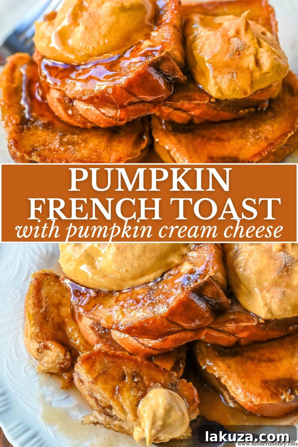 Stacked Pumpkin French Toast with a thick layer of pumpkin cream cheese, ready to serve.