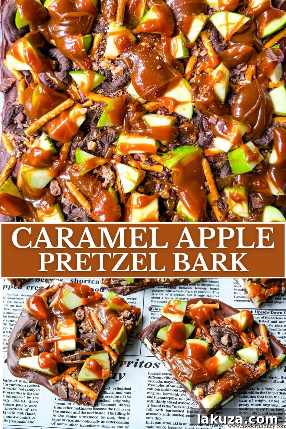 Harvest Spice Caramel Apple Bark 8 A delicious piece of Caramel Apple Bark being held, showcasing the crisp apple, chewy caramel, and crunchy pretzel layers.