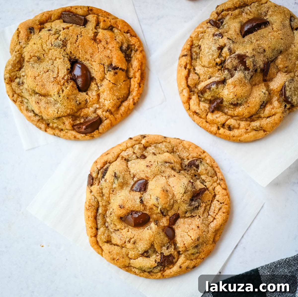 Baked Jacques Torres chocolate chip cookies cooling on a wire rack, showcasing their chewy centers and crisp edges.