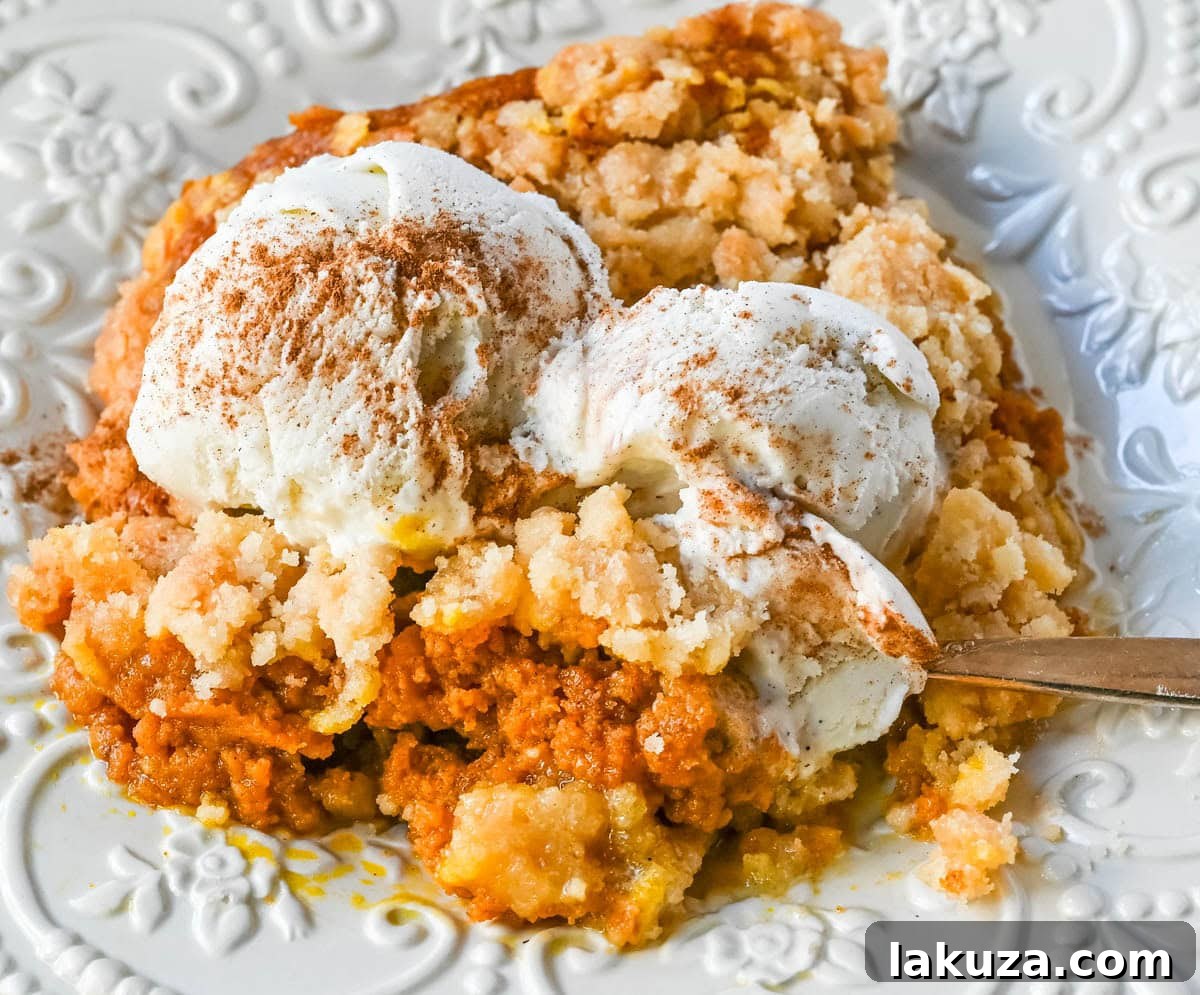 Close-up of a golden-brown Pumpkin Cobbler with a rich, spiced pumpkin filling and a crunchy crumble topping.