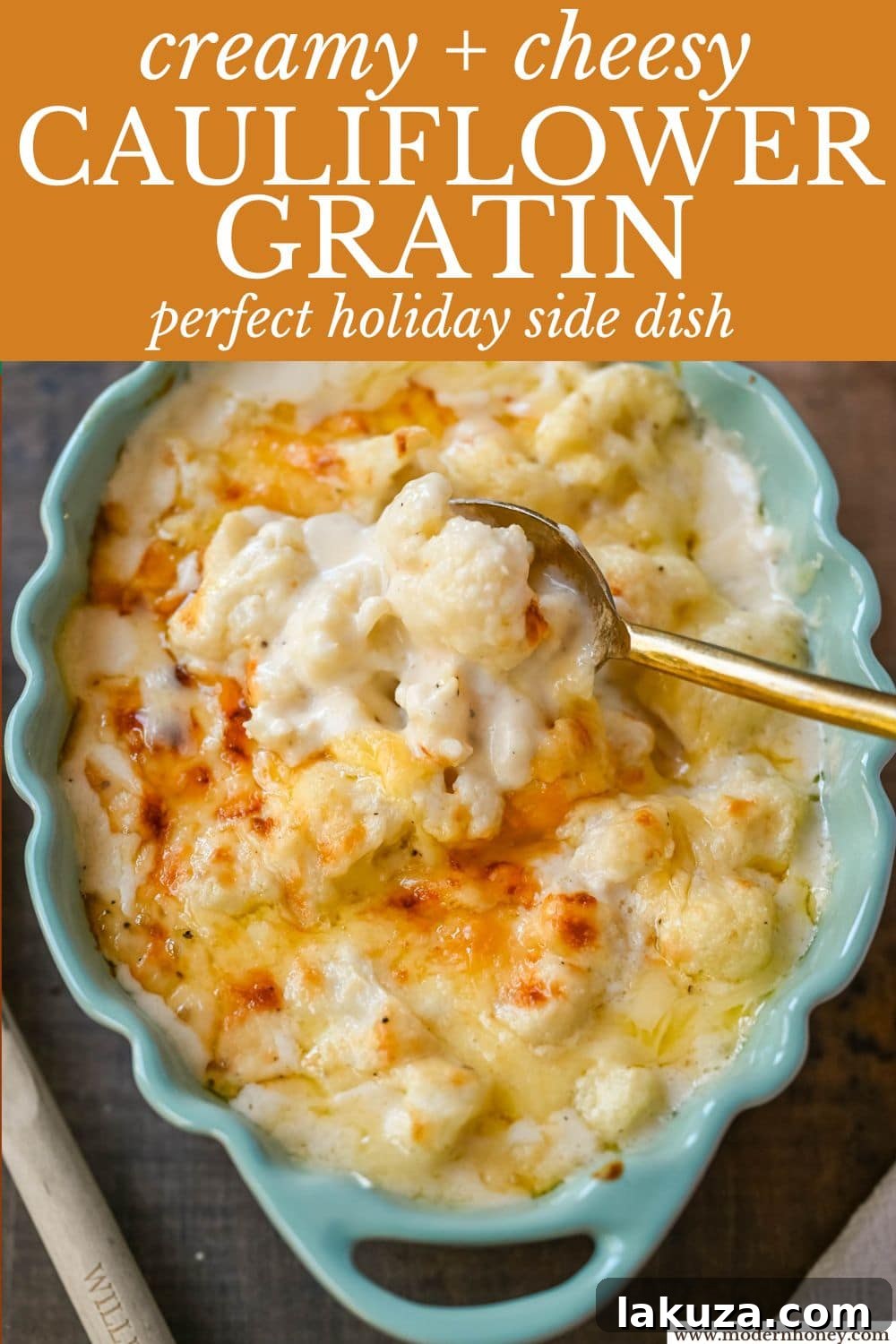 Velvety Cauliflower Bake 6 A large baking dish filled with creamy cauliflower gratin, fresh out of the oven, golden and inviting.