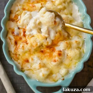 Creamy Cauliflower Gratin with a golden crust and bubbly cheese sauce.