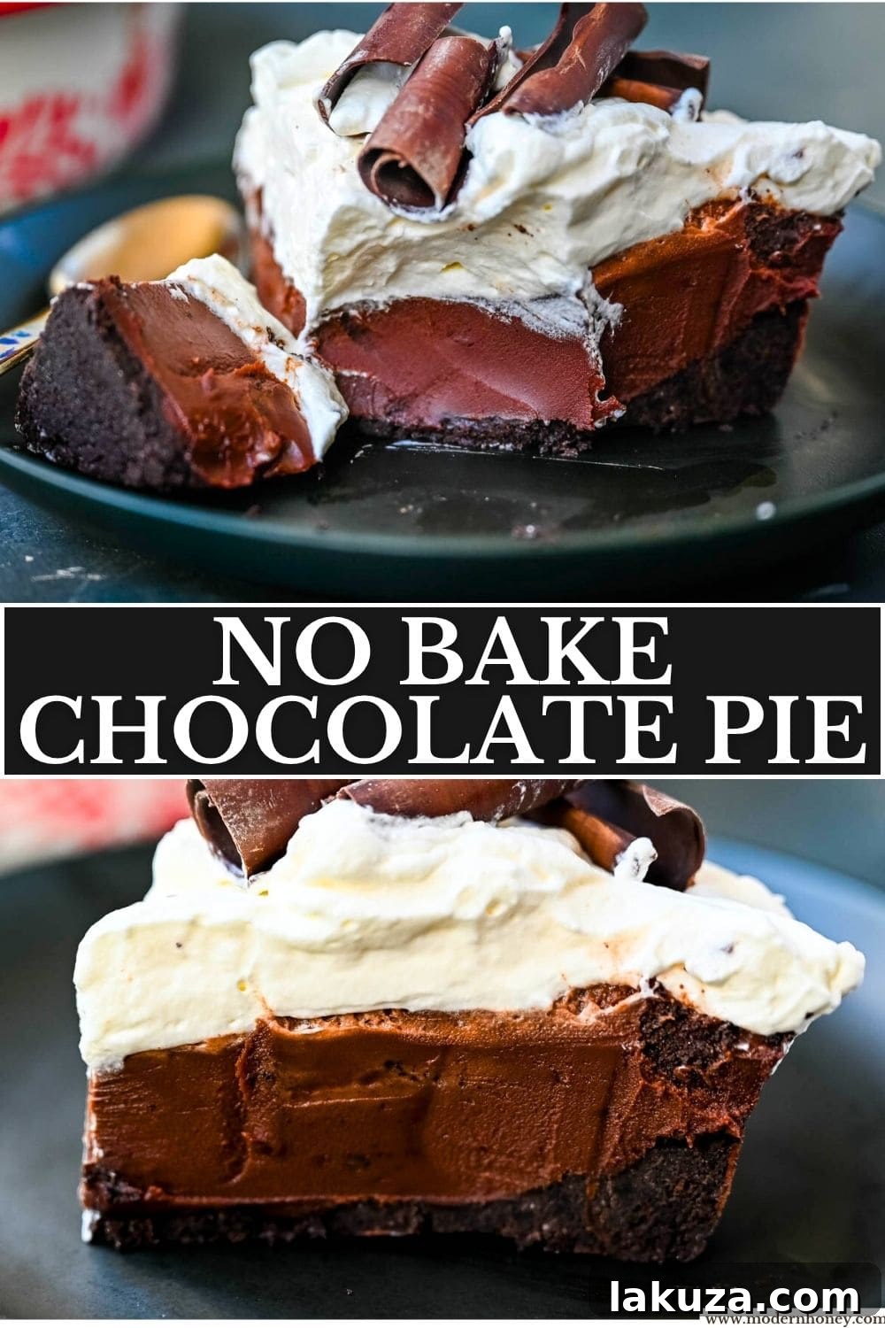 A vertical shot of a beautifully presented No Bake Chocolate Cream Pie, with a perfectly formed slice removed, showing the layers and a fork ready to enjoy.