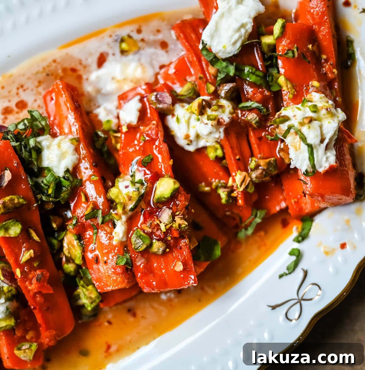 Sweet and Spicy Roasted Carrots are the perfect combination of sweetness and a warm kick from the Calabrian chili paste. Topped with creamy burrata, crunchy pistachios, and fresh basil, this side dish feels restaurant-worthy but is incredibly easy to make at home. The best roasted carrot side dish recipe!