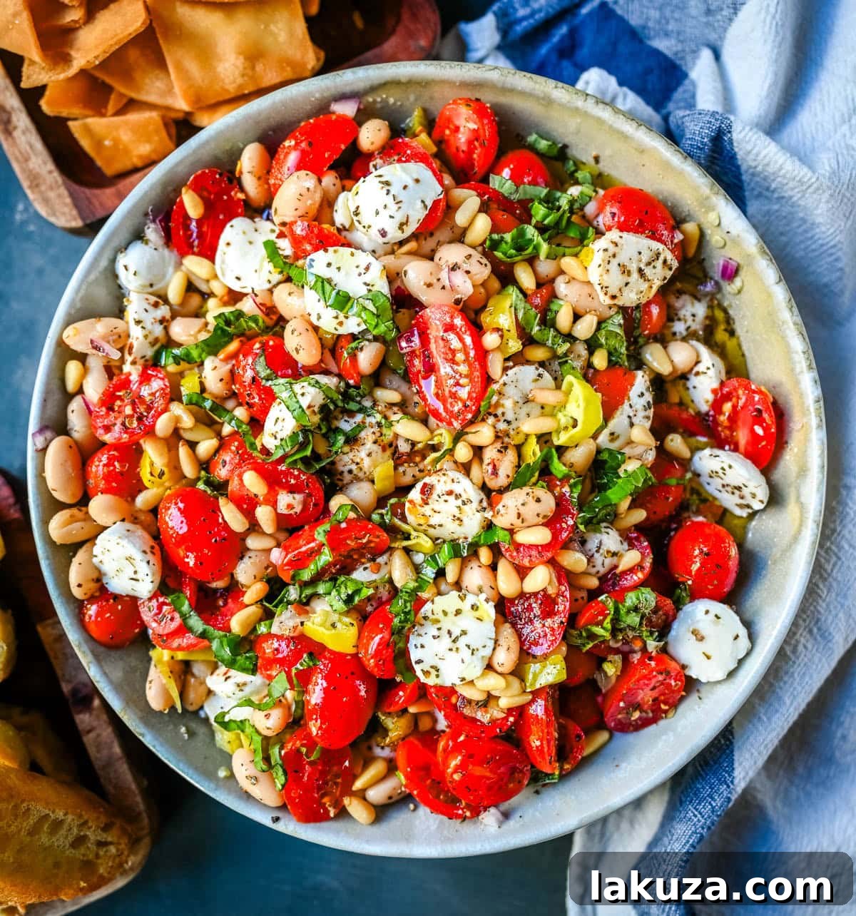 A large bowl of Italian Cowboy Caviar ready to be served.