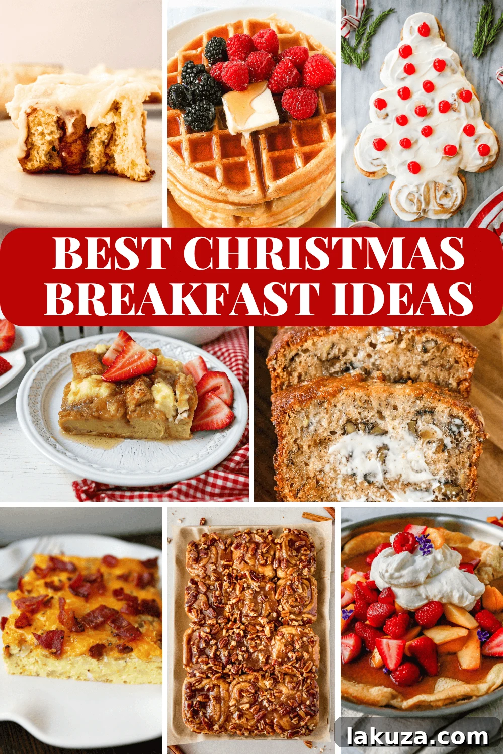 A beautifully set Christmas breakfast table, featuring a variety of delicious dishes including sticky buns, bacon and egg casserole, and coffee cake, ready to be enjoyed on a magical holiday morning.