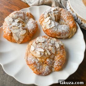 Easy Almond Croissants, a shortcut recipe for homemade almond croissants with buttery, flaky pastry, a rich almond filling, and crunchy almond topping, ready in 25 minutes.