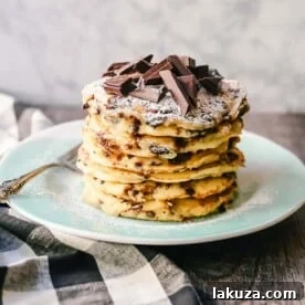 Creamy homemade one-bowl Chocolate Chip Ricotta Pancakes with chocolate chips, an easy 5-minute scratch recipe.