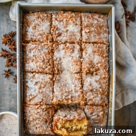 The Best Coffee Cake Recipe, a rich cinnamon brown sugar sour cream cake with a streusel topping and sweet glaze, perfect for breakfast, brunch, or Christmas morning.