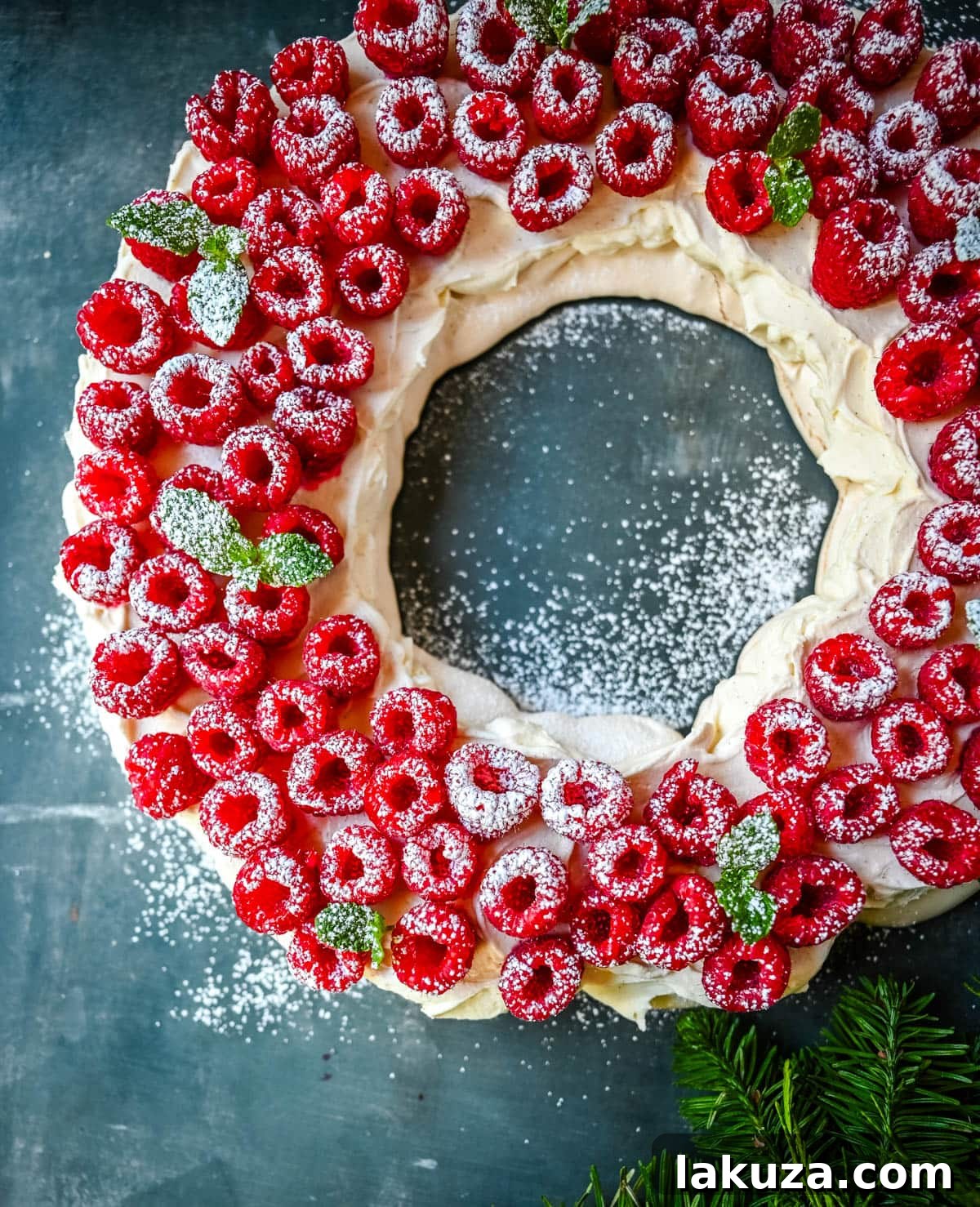 Festive Pavlova Cloud 3 Close-up shot of the soft, pillowy interior of a Christmas Pavlova, topped with whipped cream and berries.