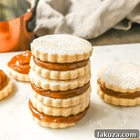 Alfajores Dulce de Leche Sandwich Cookies. These alfajores are a popular sandwich cookie around the world are made with two soft and buttery shortbread cookies filled with rich dulce de leche filling.