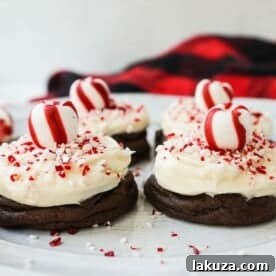 Soft, decadent chocolate cookies topped with homemade creamy peppermint frosting and crushed candy canes. The perfect peppermint frosted chocolate cookie recipe! A delicious peppermint and chocolate Christmas cookie.