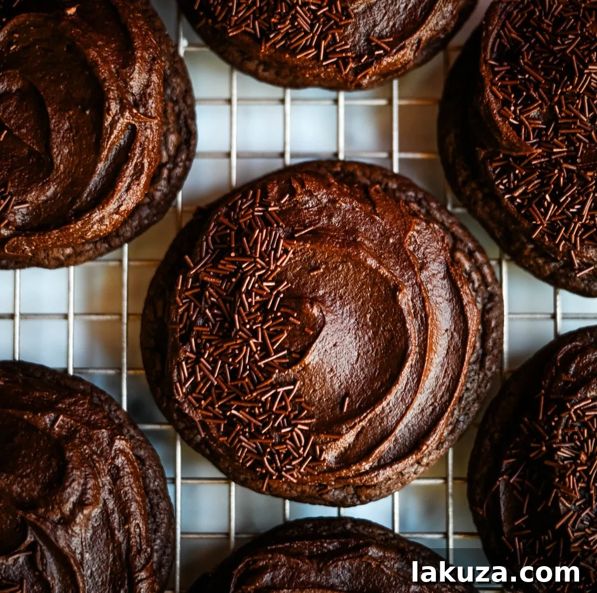 Delicious Chocolate Frosted Cookies stacked, showing their soft centers.