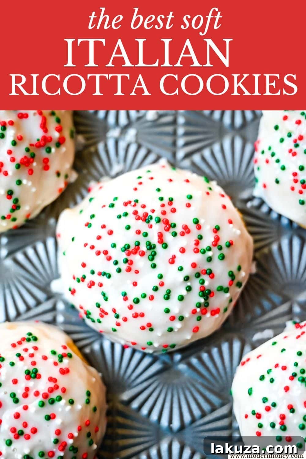 An overhead shot of a large batch of glazed and sprinkled Italian Ricotta Cookies, ready to be enjoyed.