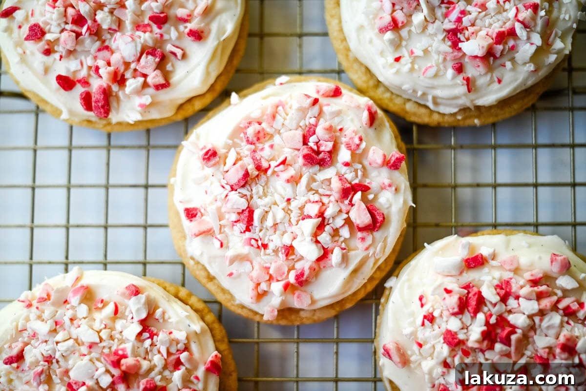 A tray of freshly baked Peppermint Frosted Sugar Cookies.