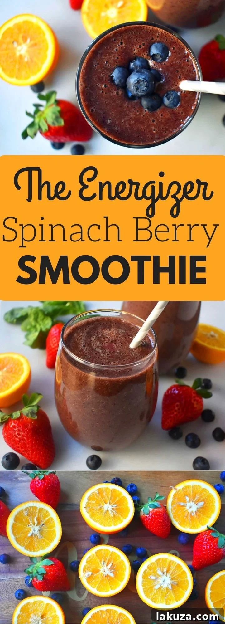 A tall, visually appealing Pinterest graphic for The Energizer Spinach Berry Smoothie, featuring the smoothie in a glass with fresh ingredients surrounding it, and the website Modern Honey, designed for easy sharing and saving on Pinterest.