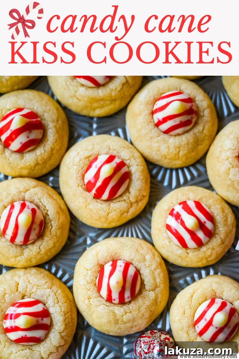 Holiday Candy Cane Kiss Delights 7 A stack of delicious Candy Cane Kiss Cookies, glistening with sprinkles and topped with peppermint Kisses, ready to be enjoyed.